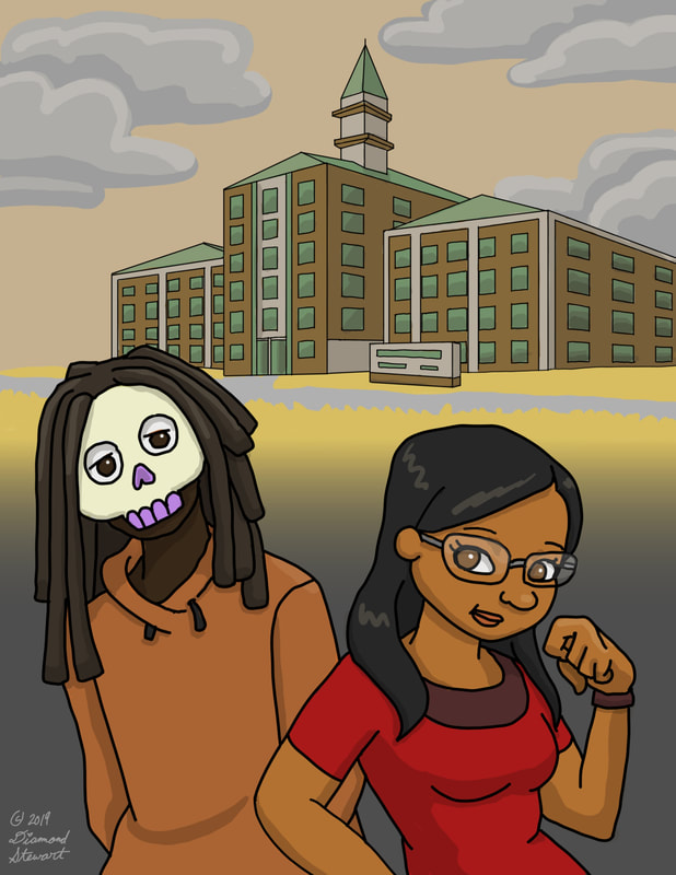 A masked figure and a girl in front of a building.