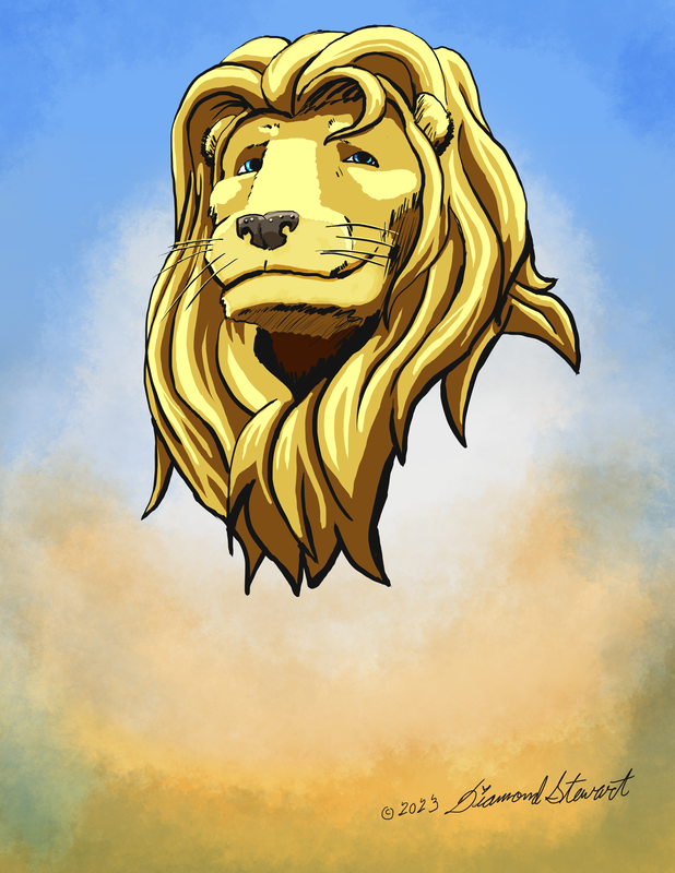 A portrait of the head and mane of a male lion.