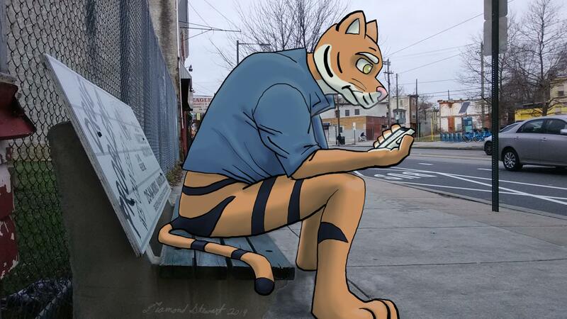 Cartoon tiger sitting at a photographed bus stop