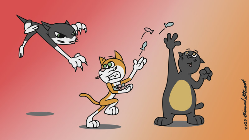 Three cats. One cat is diving with claws out towards the centered cat. The centered cat is recoiling and throws treats into the air. The third cat stands on two legs and reaches up for one of the treats in the air.