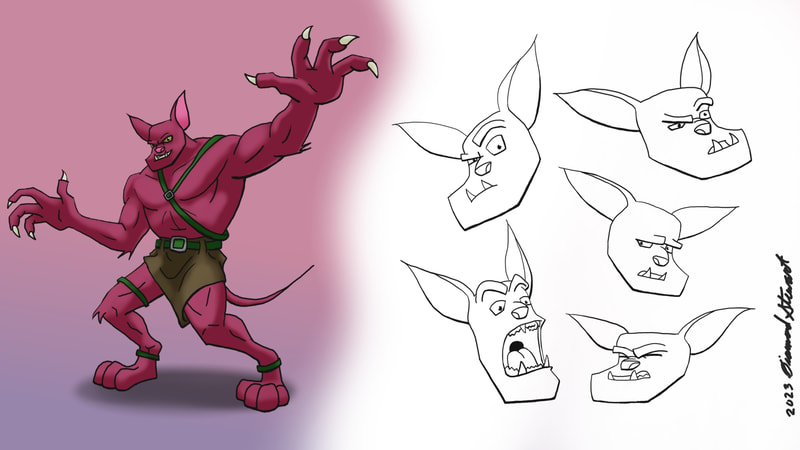A bat-like beast creature wears a belted cloth around its waist and a belted sash across its chest. Next to the full body pose are five facial expressions of the creature.